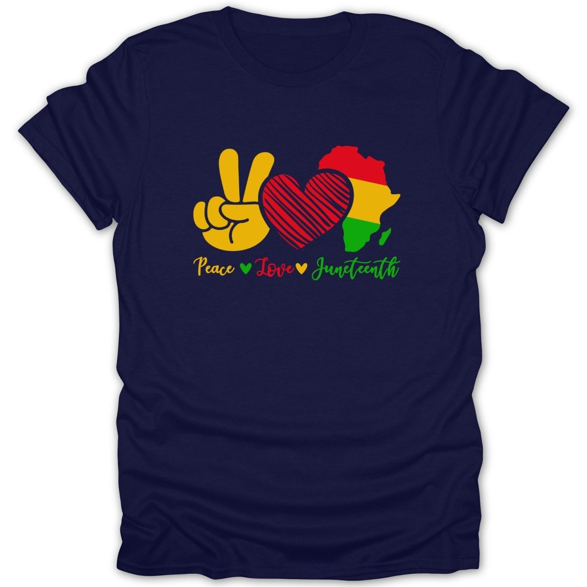 Navy t-shirt with "Peace Love Juneteenth" and African continent graphic.