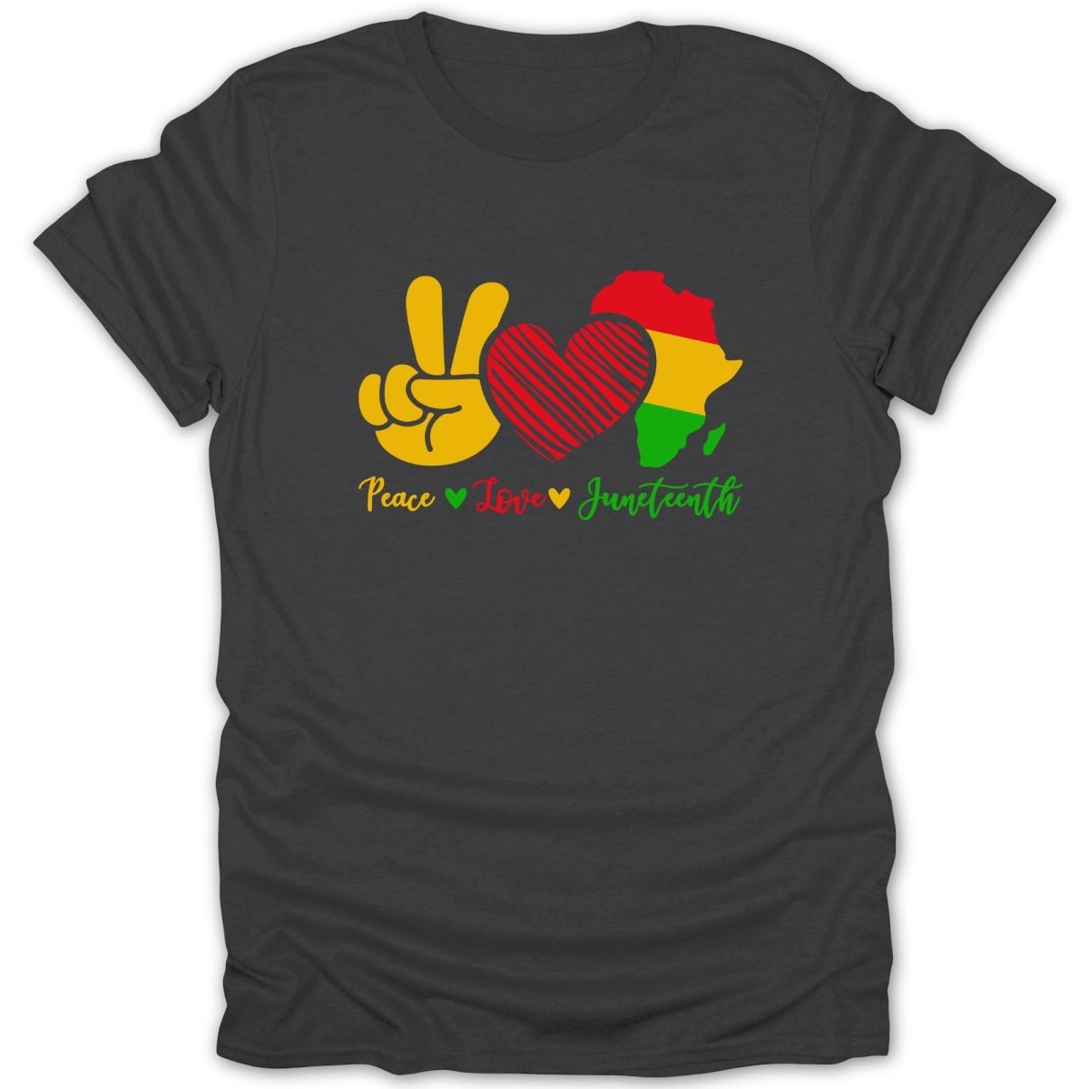 Juneteenth t-shirt with peace sign, heart, and Africa map.