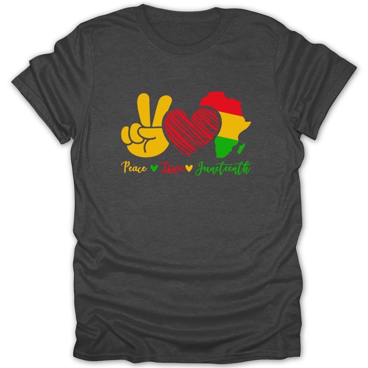 T-shirt graphic with peace sign, heart, and Africa map saying "Peace Love Juneteenth".