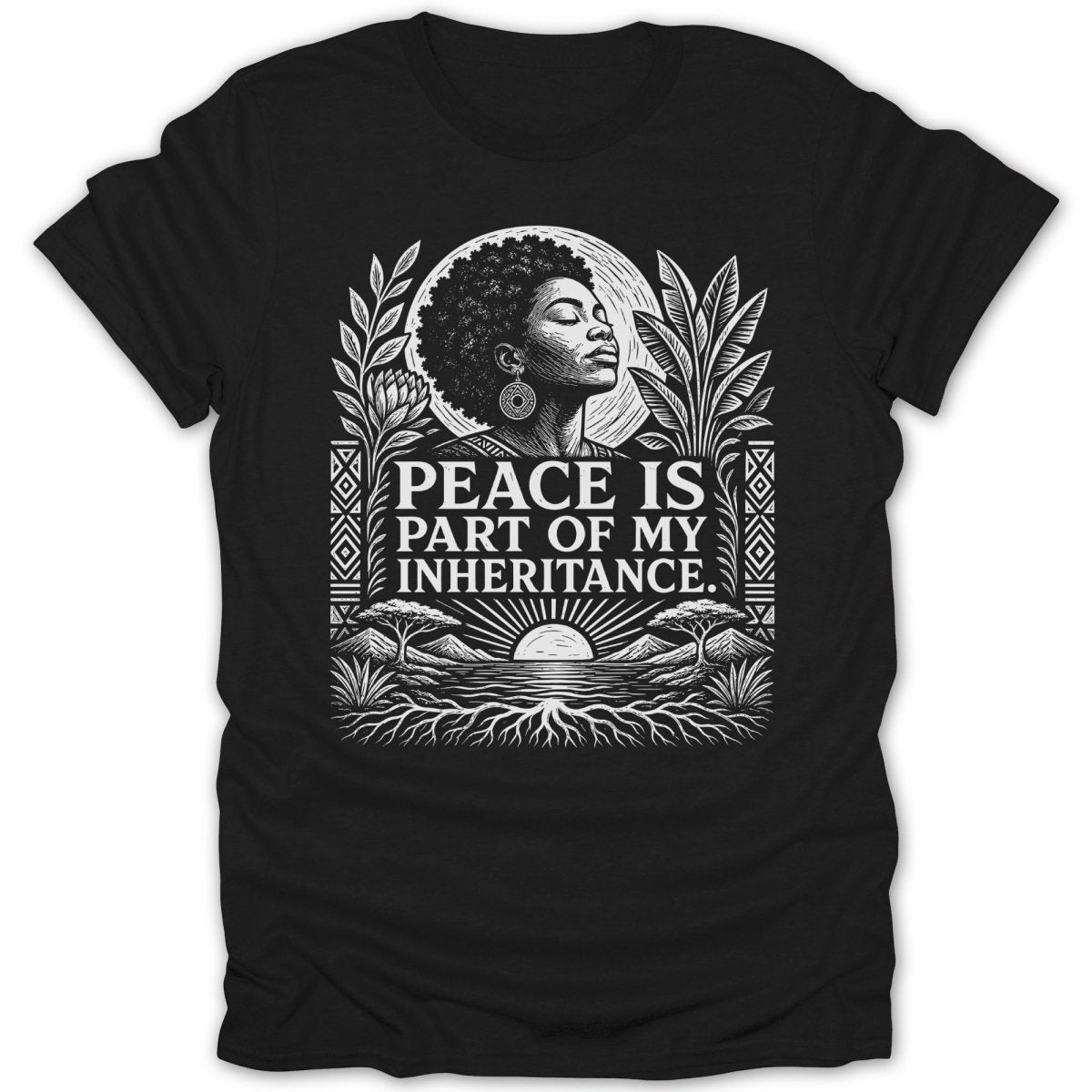 Black t-shirt with white graphic: woman, peace quote, sun, and roots.