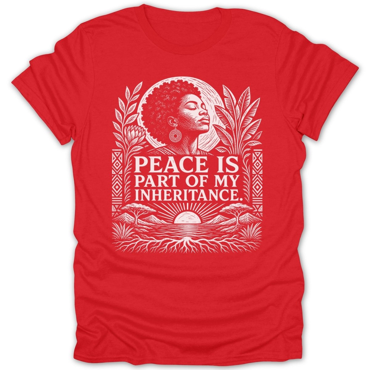 Red t-shirt with white graphic: woman, text, sun, trees, and roots.
