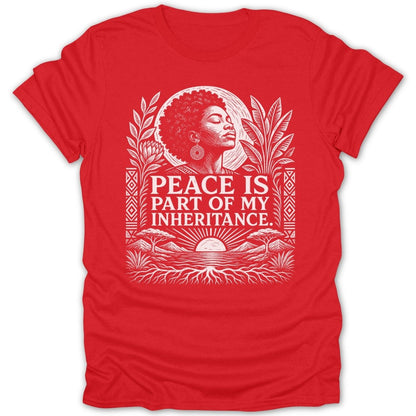 Red t-shirt with white graphic: woman, text, sun, trees, and roots.