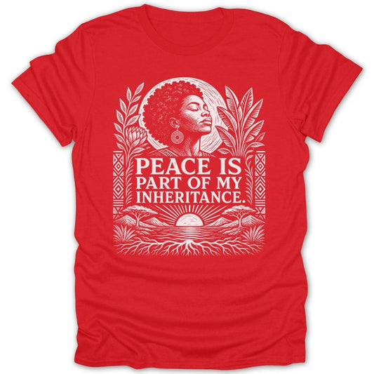 Red t-shirt with white graphic: woman, text, sun, trees, and roots.