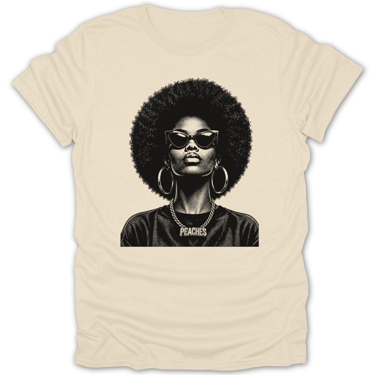 Black and white graphic of a woman with an afro wearing sunglasses and a chain necklace spelling PEACHES.