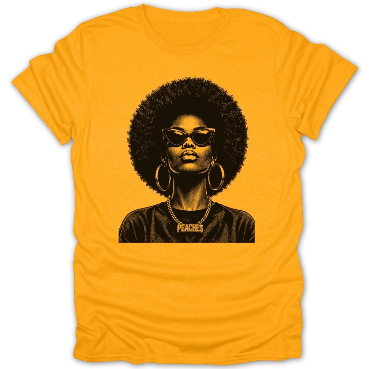 Black graphic on yellow t-shirt featuring a woman with an afro wearing sunglasses and a "PEACHES" necklace.