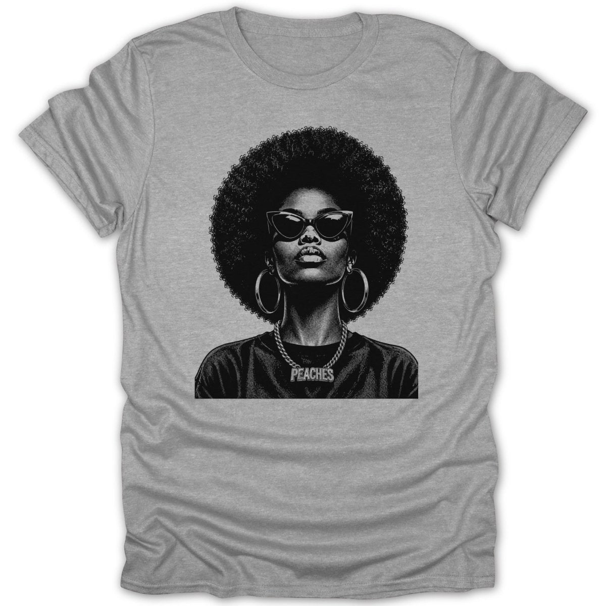 Black and white graphic of a woman with an afro, sunglasses, and a "PEACHES" necklace.