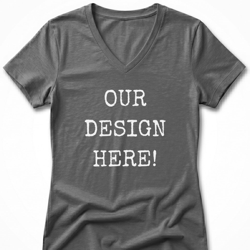 Grey v-neck t-shirt with "OUR DESIGN HERE!" text.