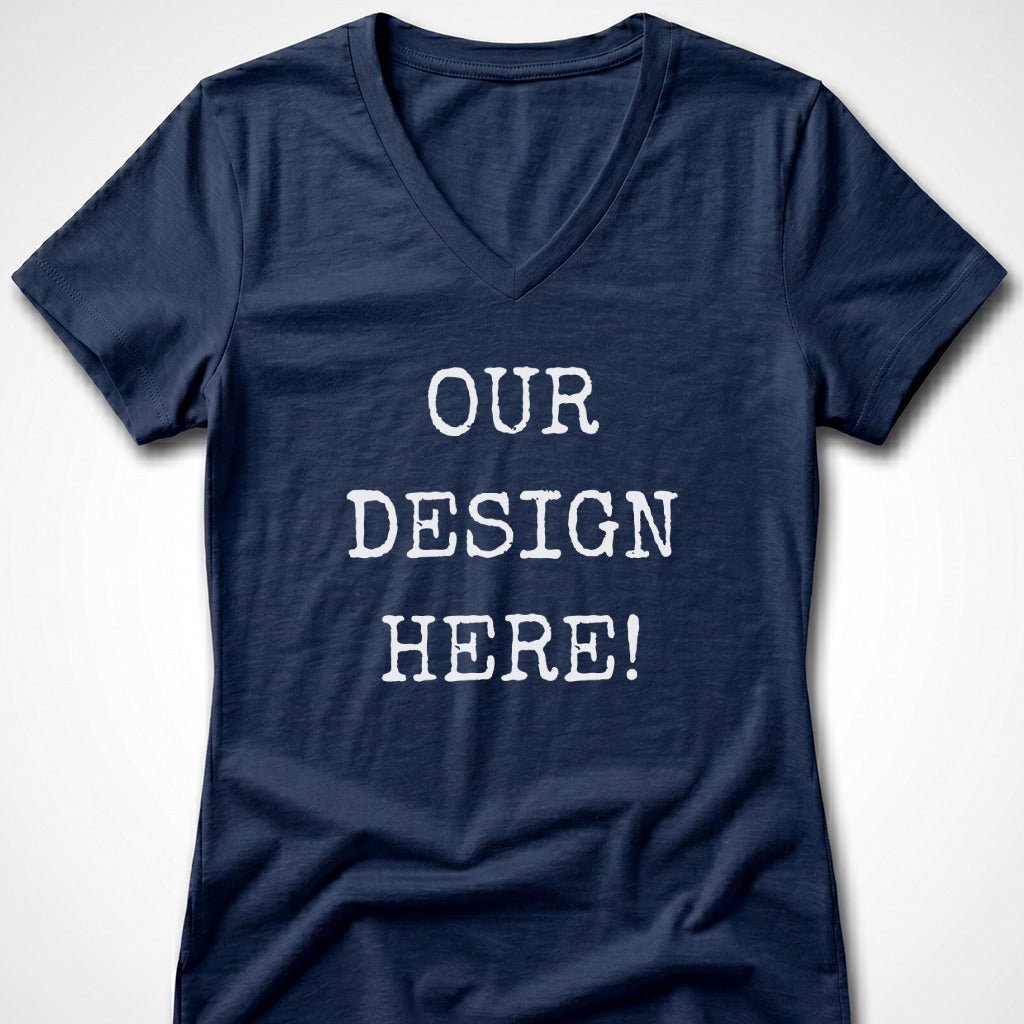 Navy blue V-neck t-shirt with white text: "OUR DESIGN HERE!".