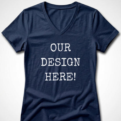 Navy blue V-neck t-shirt with white text: "OUR DESIGN HERE!".