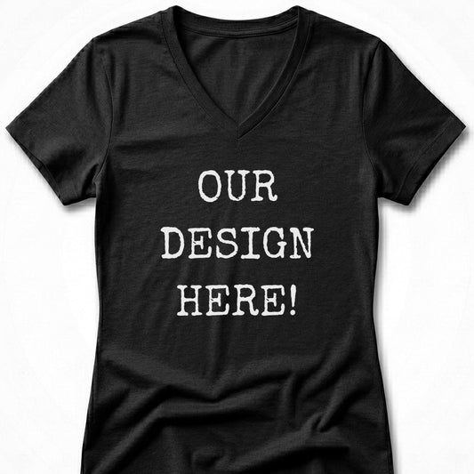 Black v-neck t-shirt with white text "OUR DESIGN HERE!".