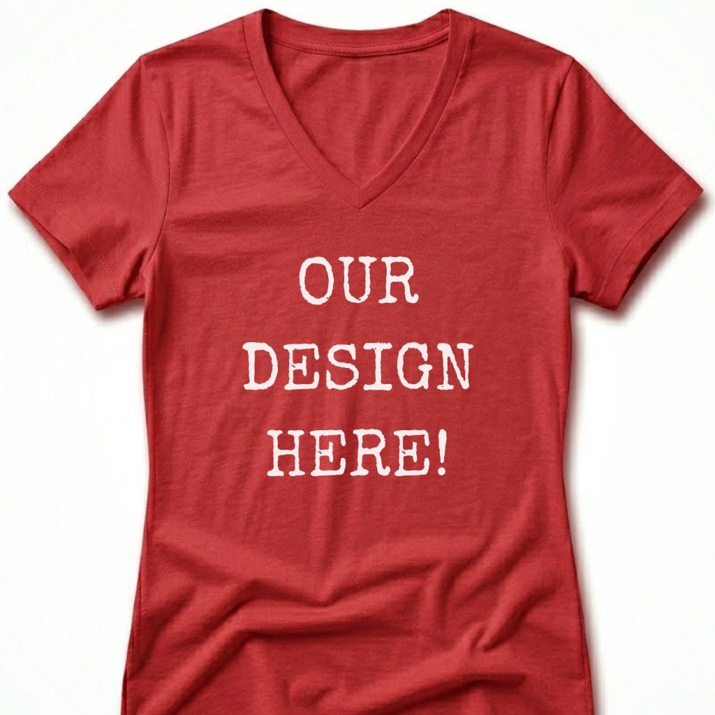 Red v-neck t-shirt with "Our DESIGN HERE!" text.