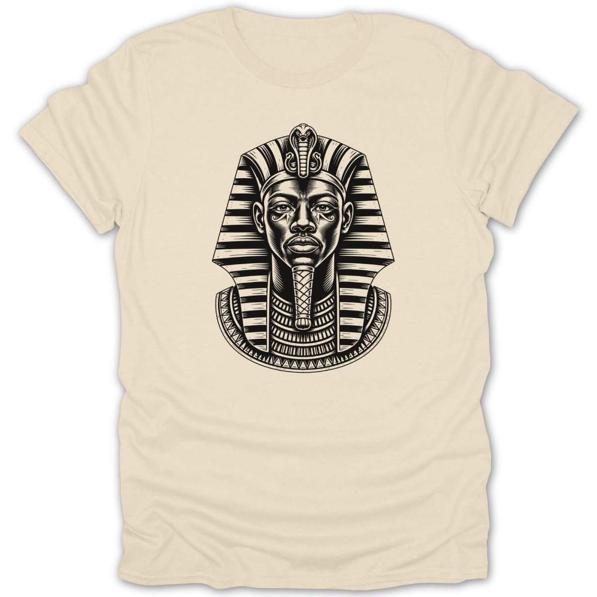 Black and white line art illustration of an Egyptian pharaoh's headpiece and face.