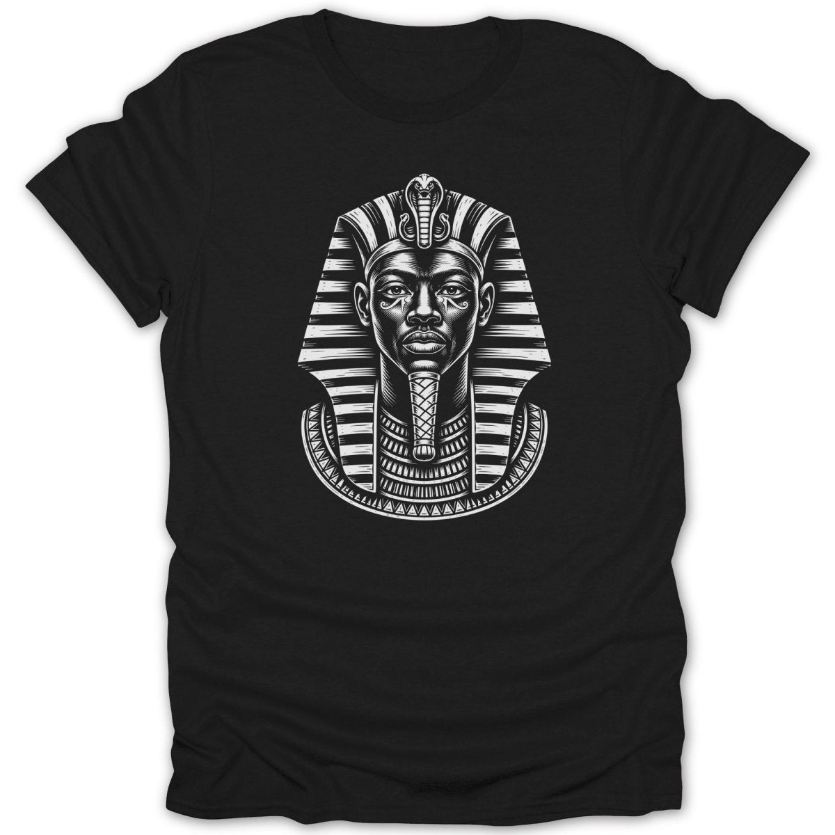 Black t-shirt with a black and white drawing of a pharaoh's headdress.
