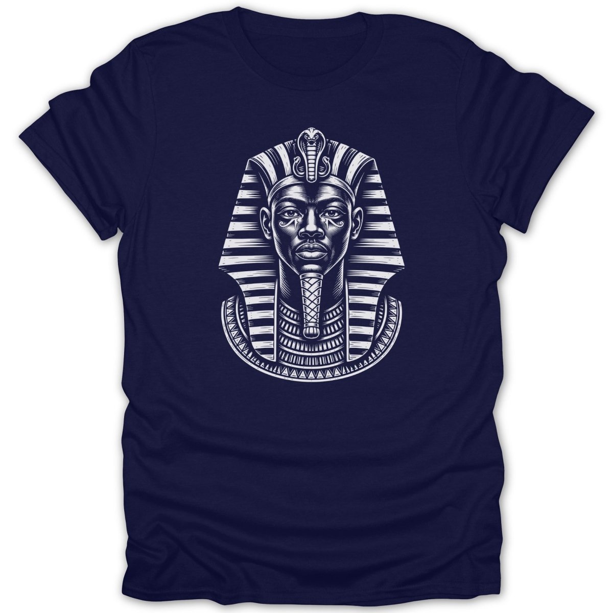 Dark t-shirt with white graphic of an Egyptian pharaoh's headdress.
