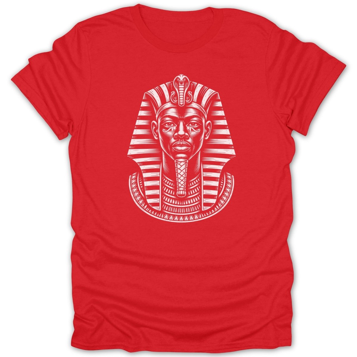 Red t-shirt with a white graphic of the bust of Tutankhamun.