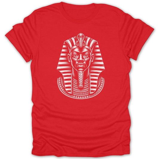 Red t-shirt with a white graphic of the bust of Tutankhamun.