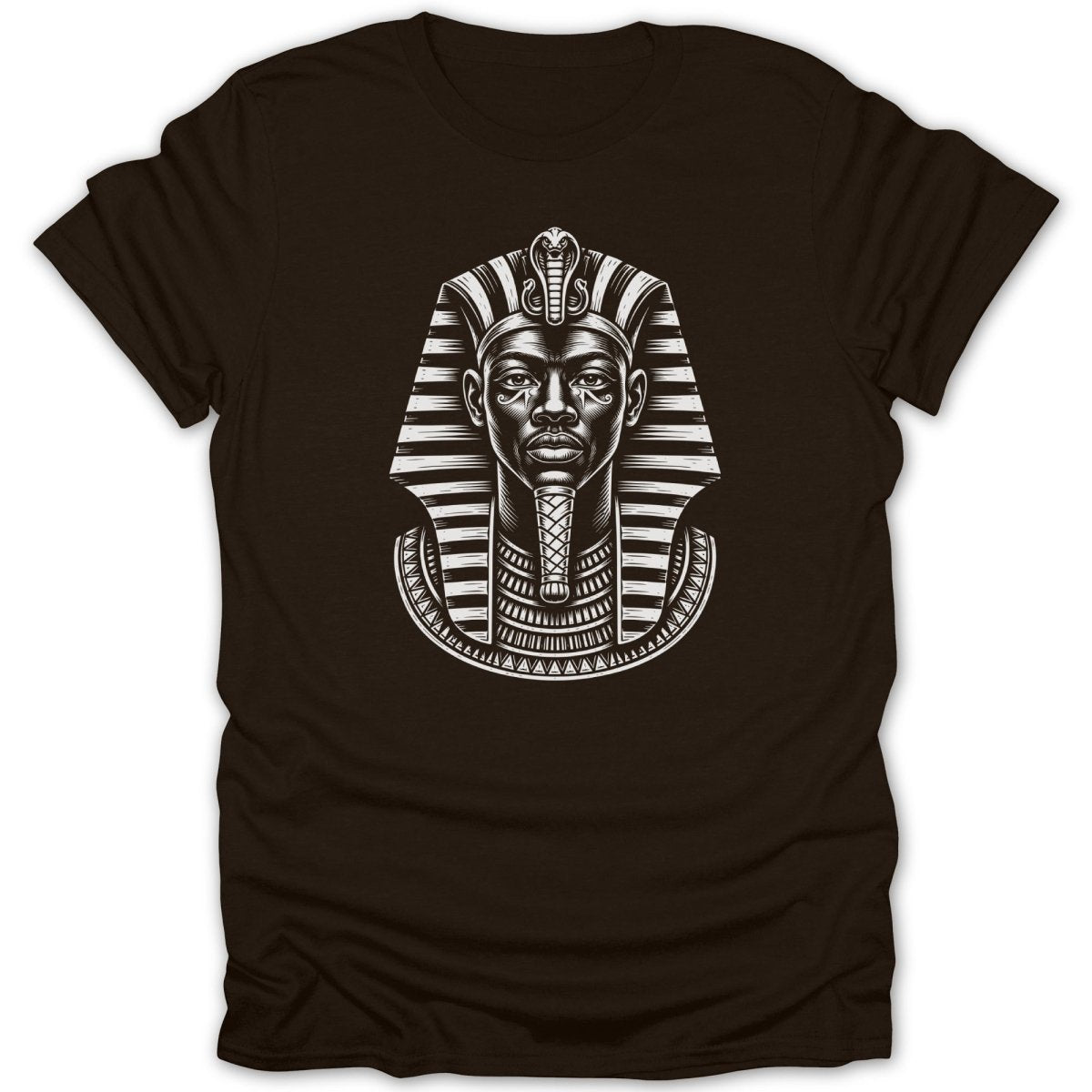 T-shirt featuring a black and white Egyptian pharaoh mask illustration.