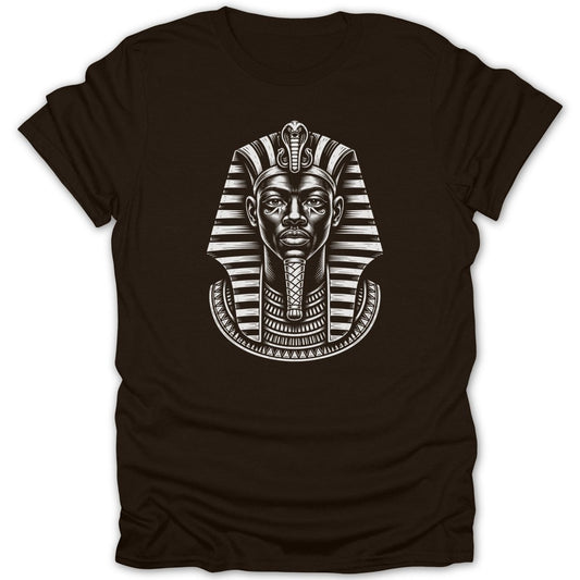 T-shirt featuring a black and white Egyptian pharaoh mask illustration.