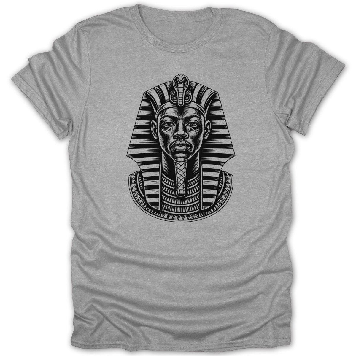 Black and white graphic of Egyptian pharaoh's head on a grey t-shirt.