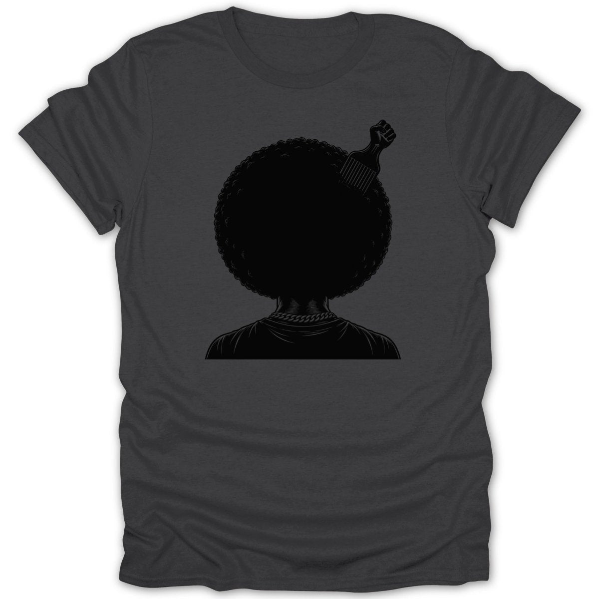 Black graphic of a person with an afro and a fist comb on a dark grey t-shirt.