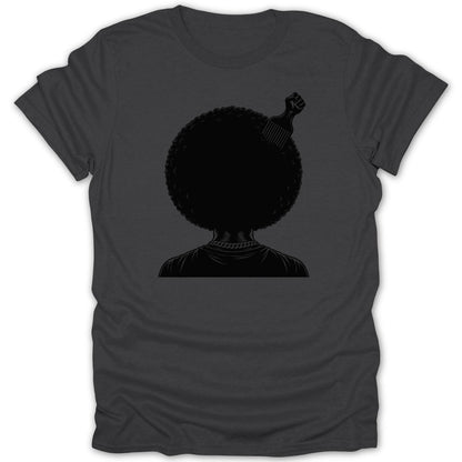 Black graphic of a person with an afro and a fist comb on a dark grey t-shirt.