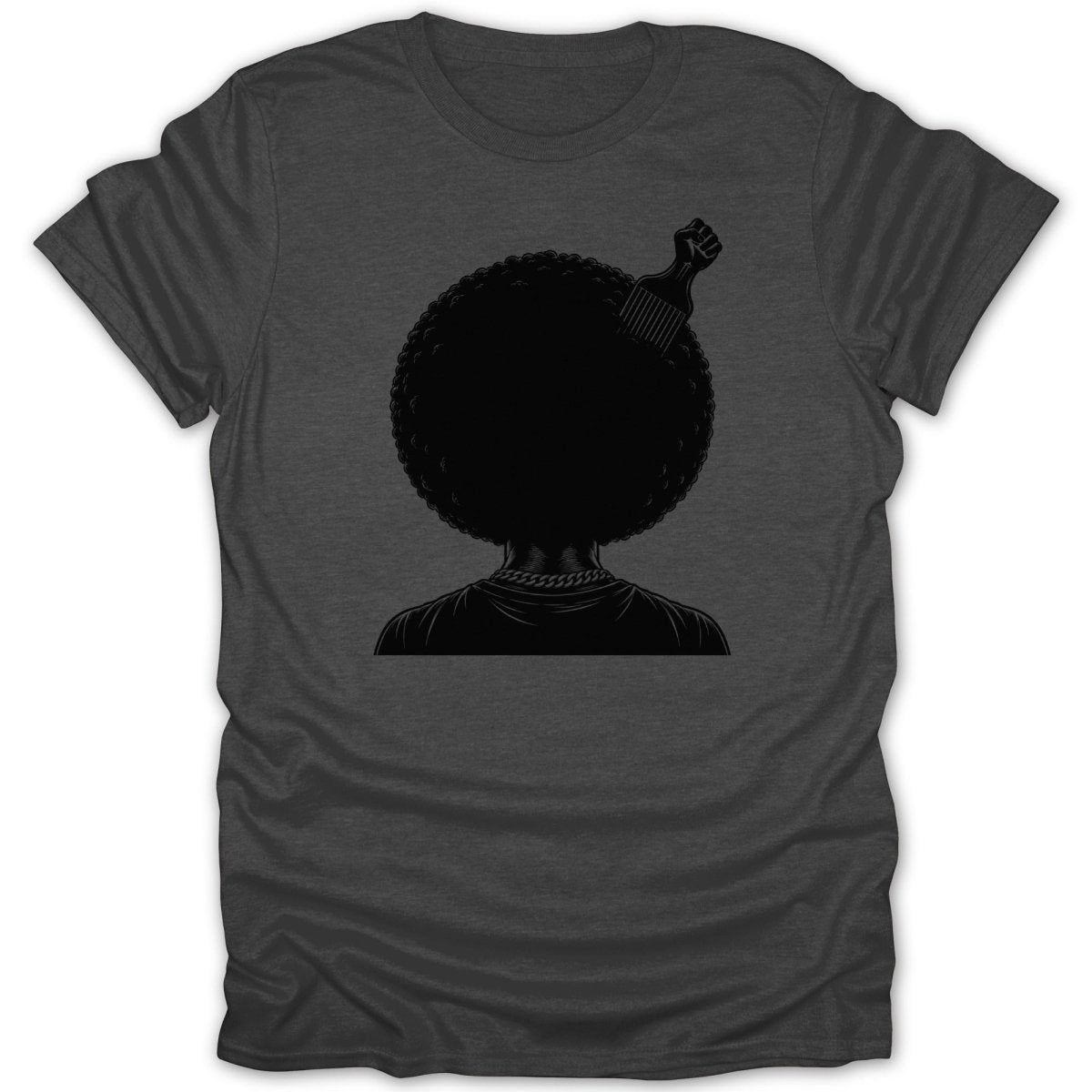 Black silhouette of a person with an afro and a fist comb on a dark gray t-shirt.