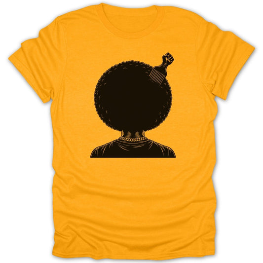 Black silhouette of afro hair with a comb and raised fist design on a yellow t-shirt.