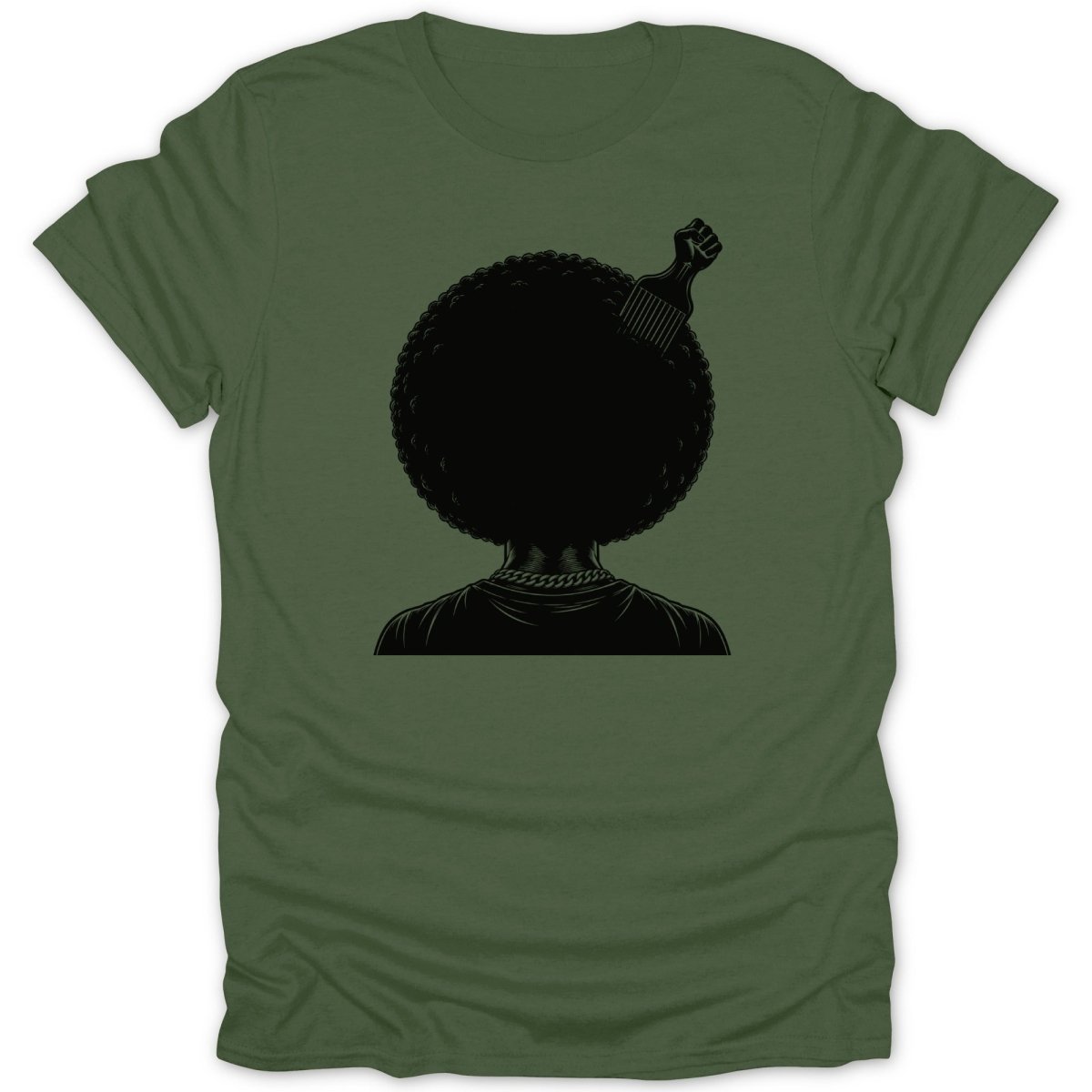 T-shirt with black graphic of afro with comb and raised fist.
