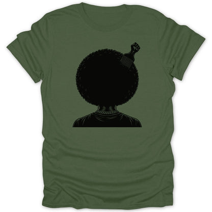 T-shirt with black graphic of afro with comb and raised fist.