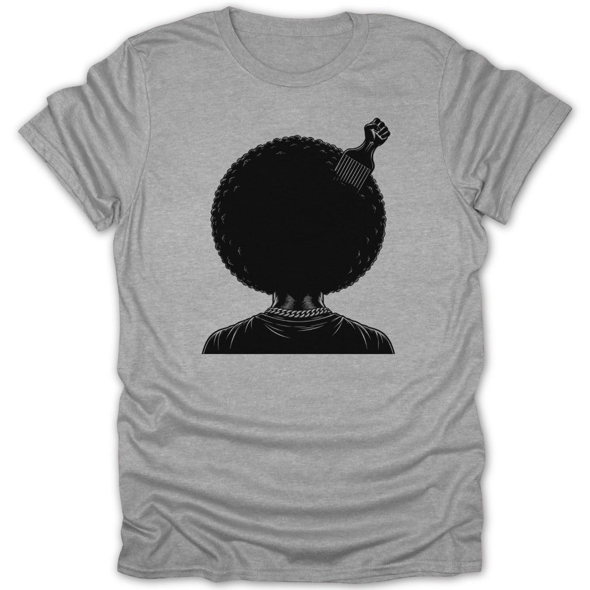 Black graphic on gray t-shirt showing a person with an afro, a comb, and a raised fist.