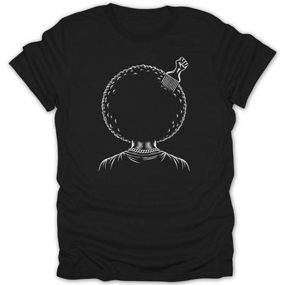 Black t-shirt with white graphic of person with afro, comb, and fist.