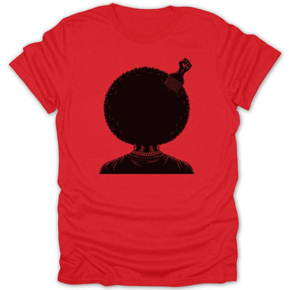 Black silhouette of a head with an afro, gold chain, and fist comb on a red shirt.