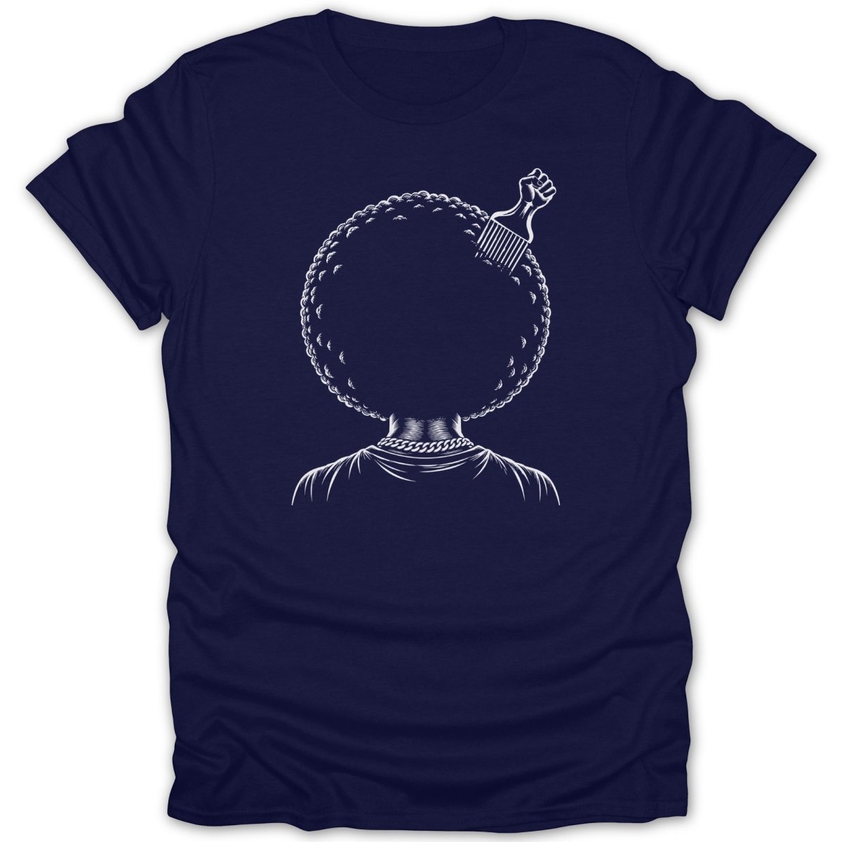 Navy t-shirt with a white graphic of a fist holding an afro pick within a large afro.