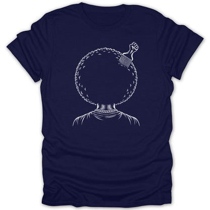Navy t-shirt with a white graphic of a fist holding an afro pick within a large afro.