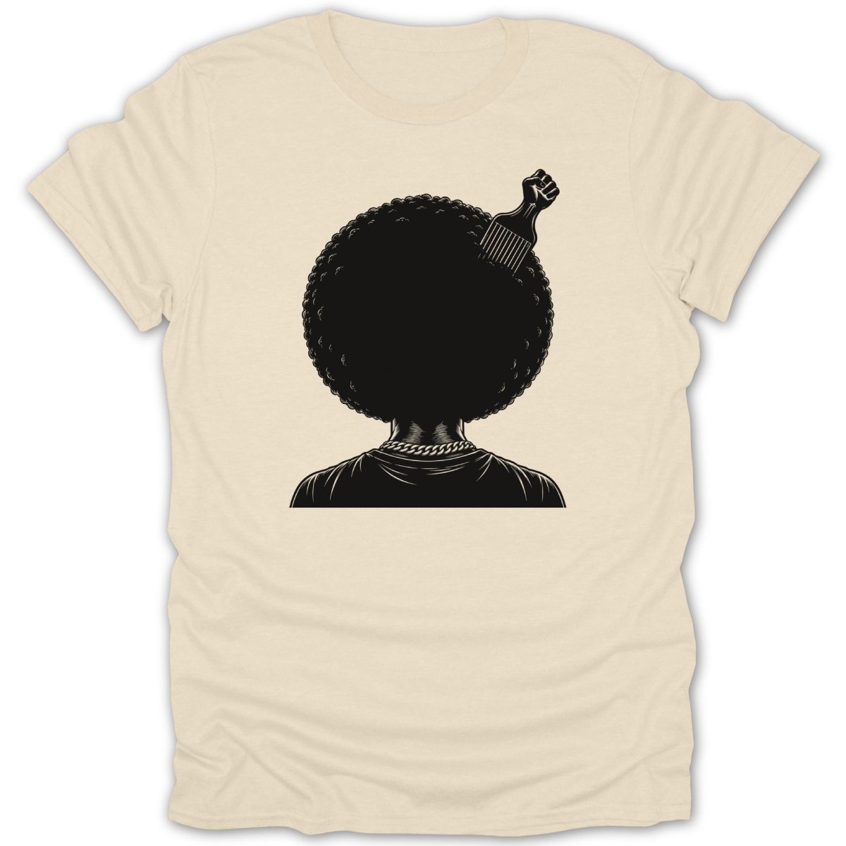 Black afro with a fist comb, on a cream t-shirt.