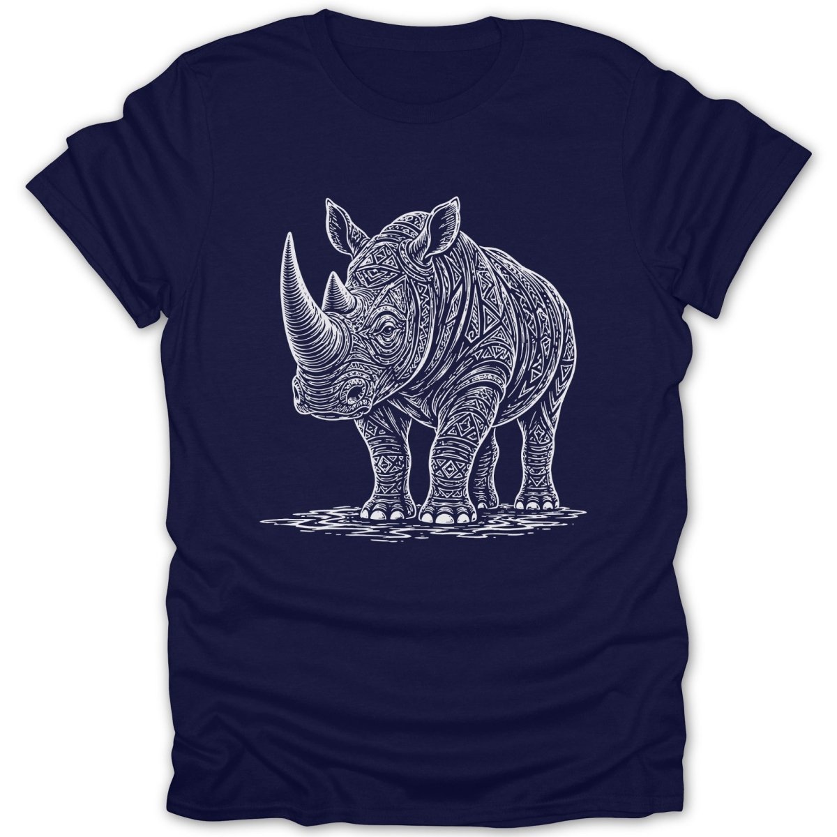 White abstract patterned rhinoceros graphic on a navy blue t-shirt.