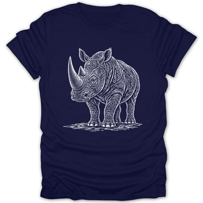 White abstract patterned rhinoceros graphic on a navy blue t-shirt.