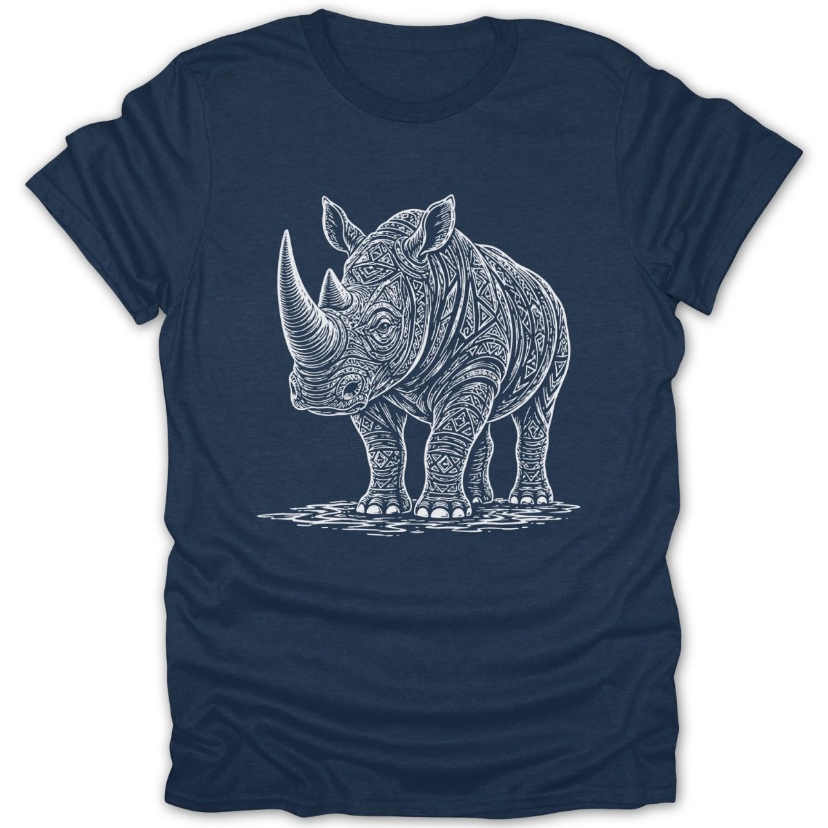 Navy t-shirt with a white line drawing of a rhinoceros with intricate patterns.