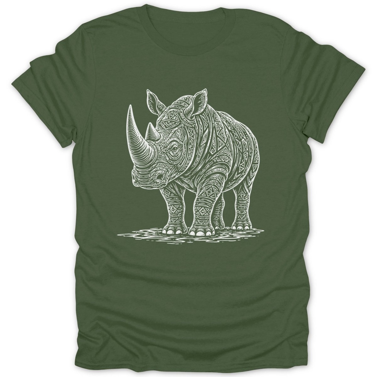 Green t-shirt with a white outline drawing of a rhinoceros with intricate patterns.
