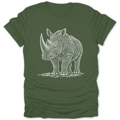 Green t-shirt with a white outline drawing of a rhinoceros with intricate patterns.