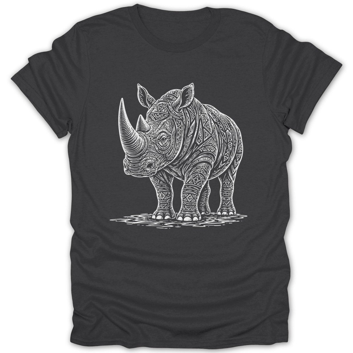 T-shirt with white line art of a patterned rhinoceros standing on wavy lines.
