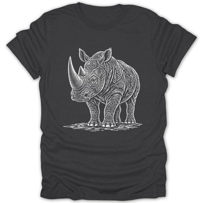 T-shirt with white line art of a patterned rhinoceros standing on wavy lines.