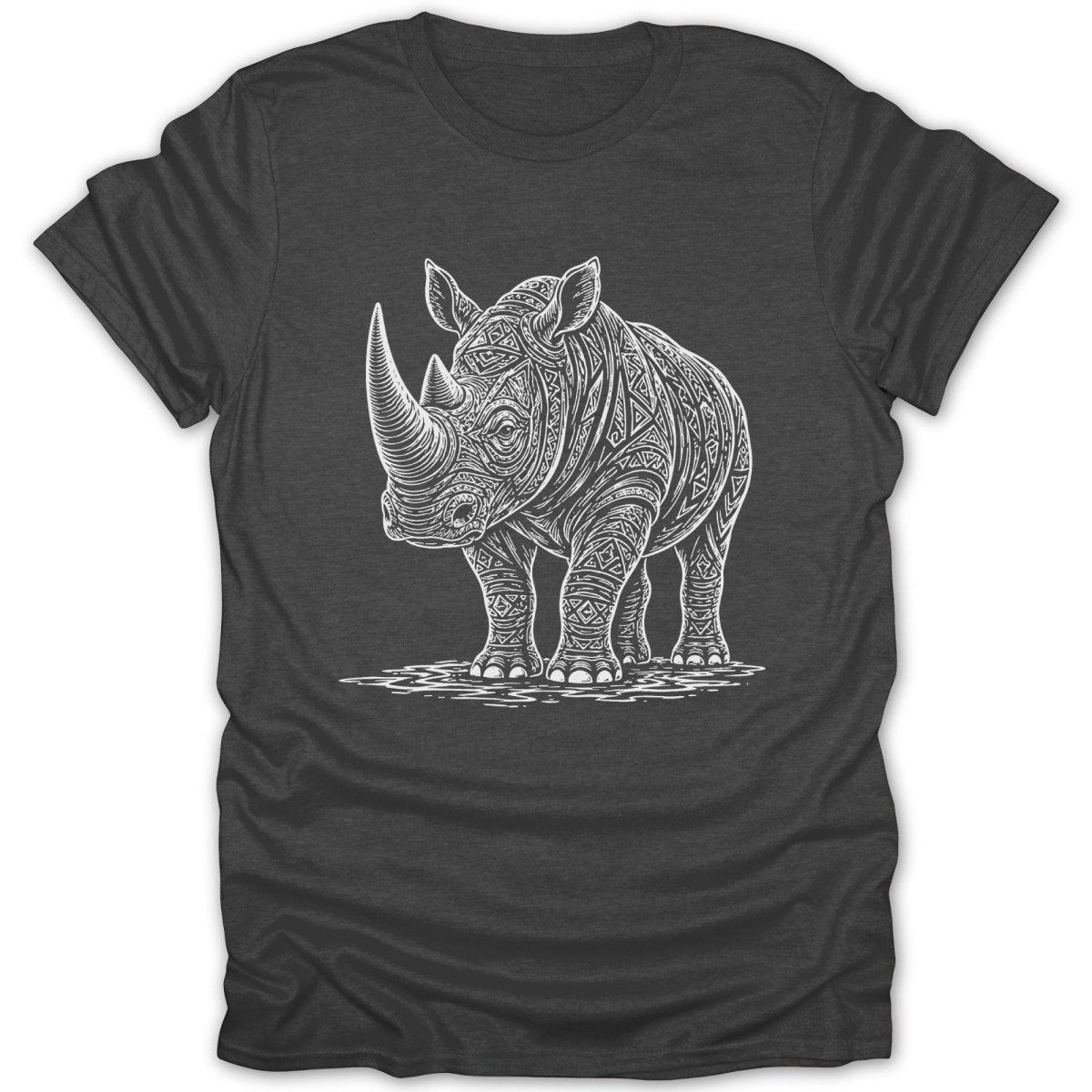 Dark t-shirt with white line art of a patterned rhinoceros standing in water.