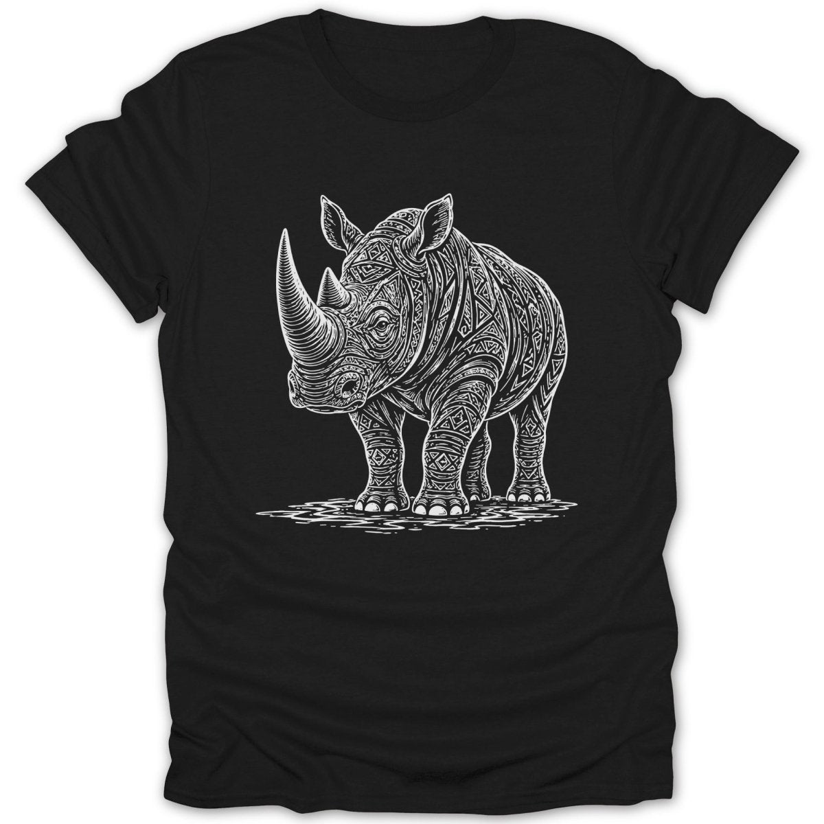 Black t-shirt with a white line drawing of a stylized rhinoceros.