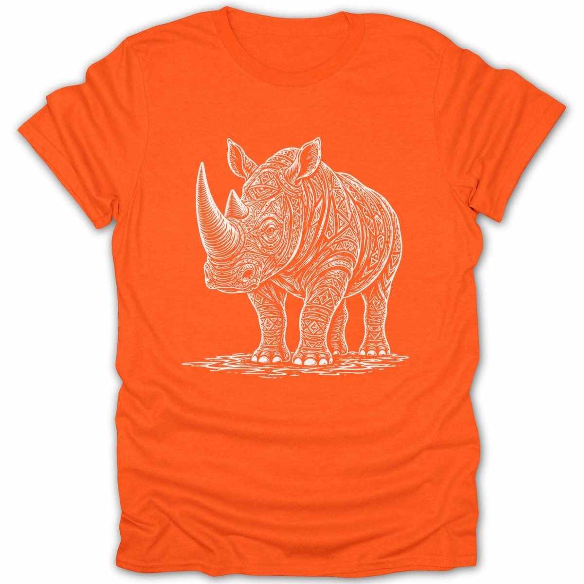 Orange t-shirt with a white line drawing of a patterned rhinoceros.