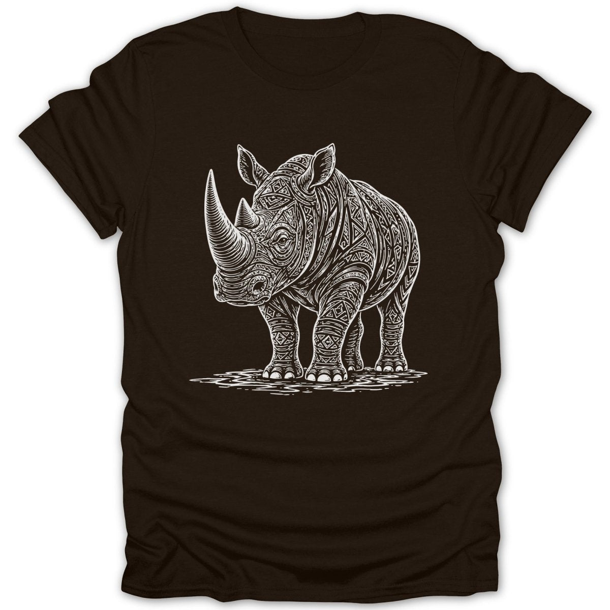 Brown t-shirt with white line art of a rhinoceros with tribal patterns.