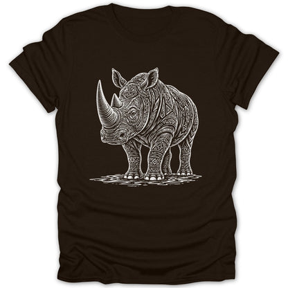 Brown t-shirt with white line art of a rhinoceros with tribal patterns.