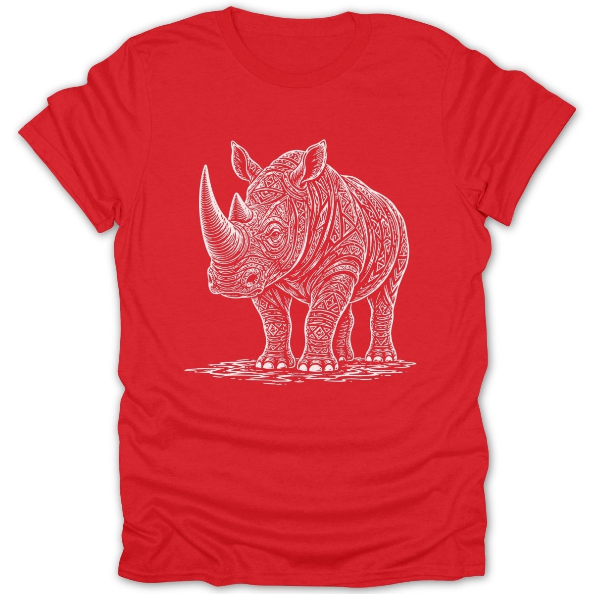 Red t-shirt with white abstract rhinoceros design.