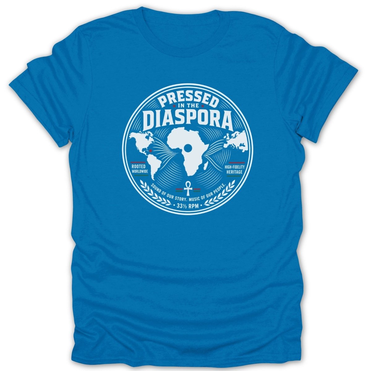 Blue t-shirt with "Pressed In The Diaspora" globe graphic, Arabic ankh, and text.