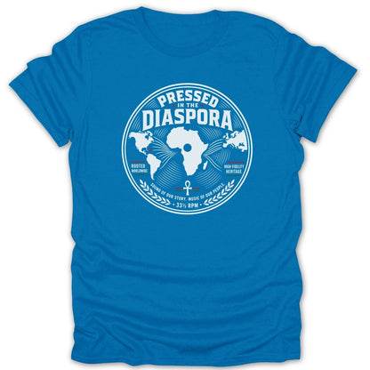 Blue t-shirt with "Pressed In The Diaspora" globe graphic, Arabic ankh, and text.